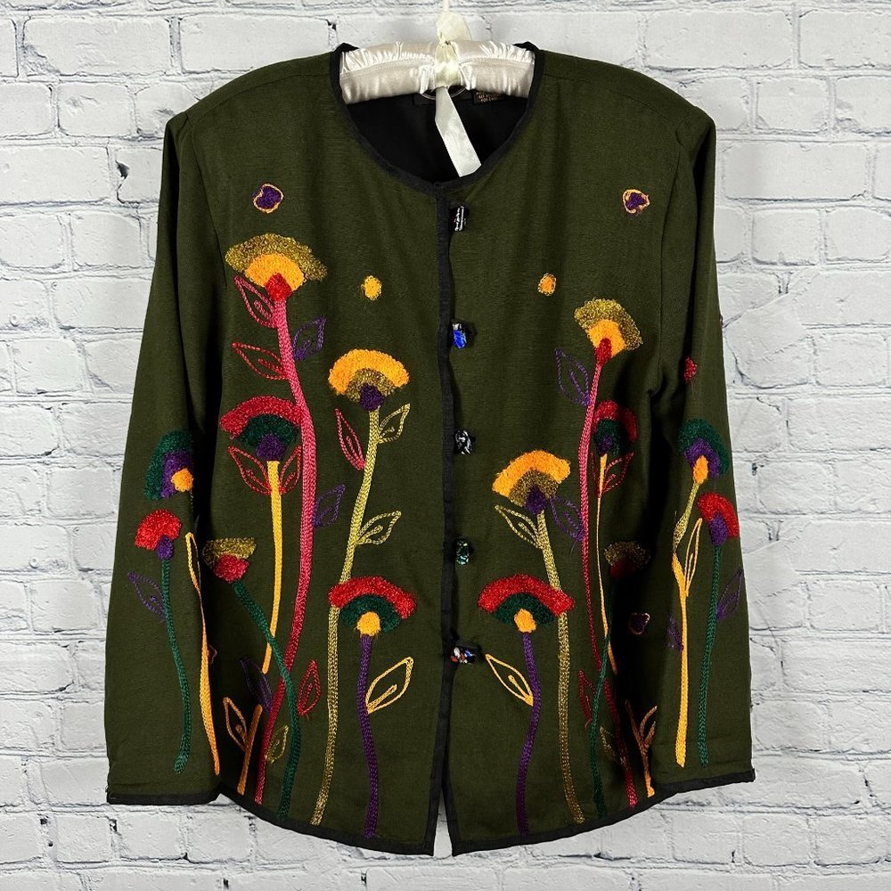 Allure Boutique‎ Floral Embroidered Button Down Blazer, Size M, Olive